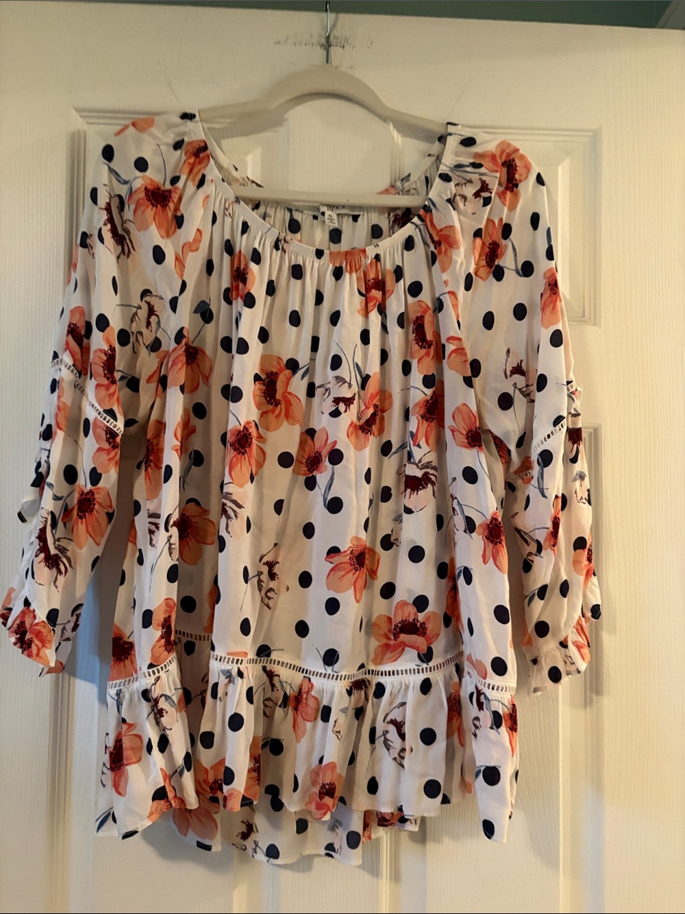 Fever White Blouse with Orange Floral & Navy Polka Dots